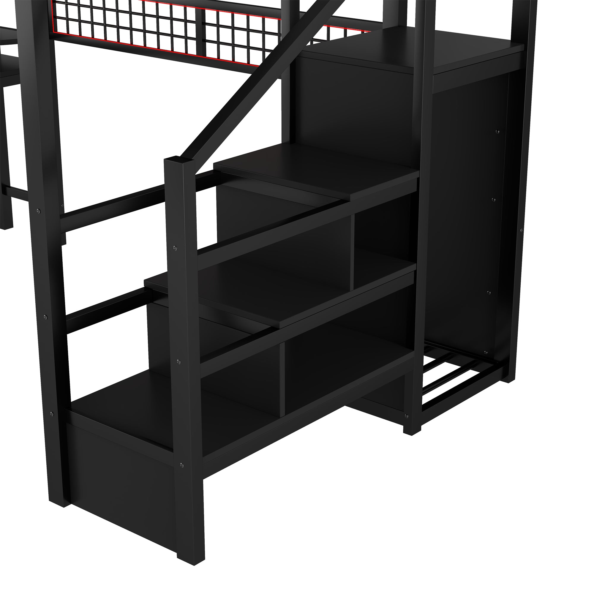 Full Size Metal Loft Bed with Stairs, High Guardrails & Built-in Wardrobe – Black