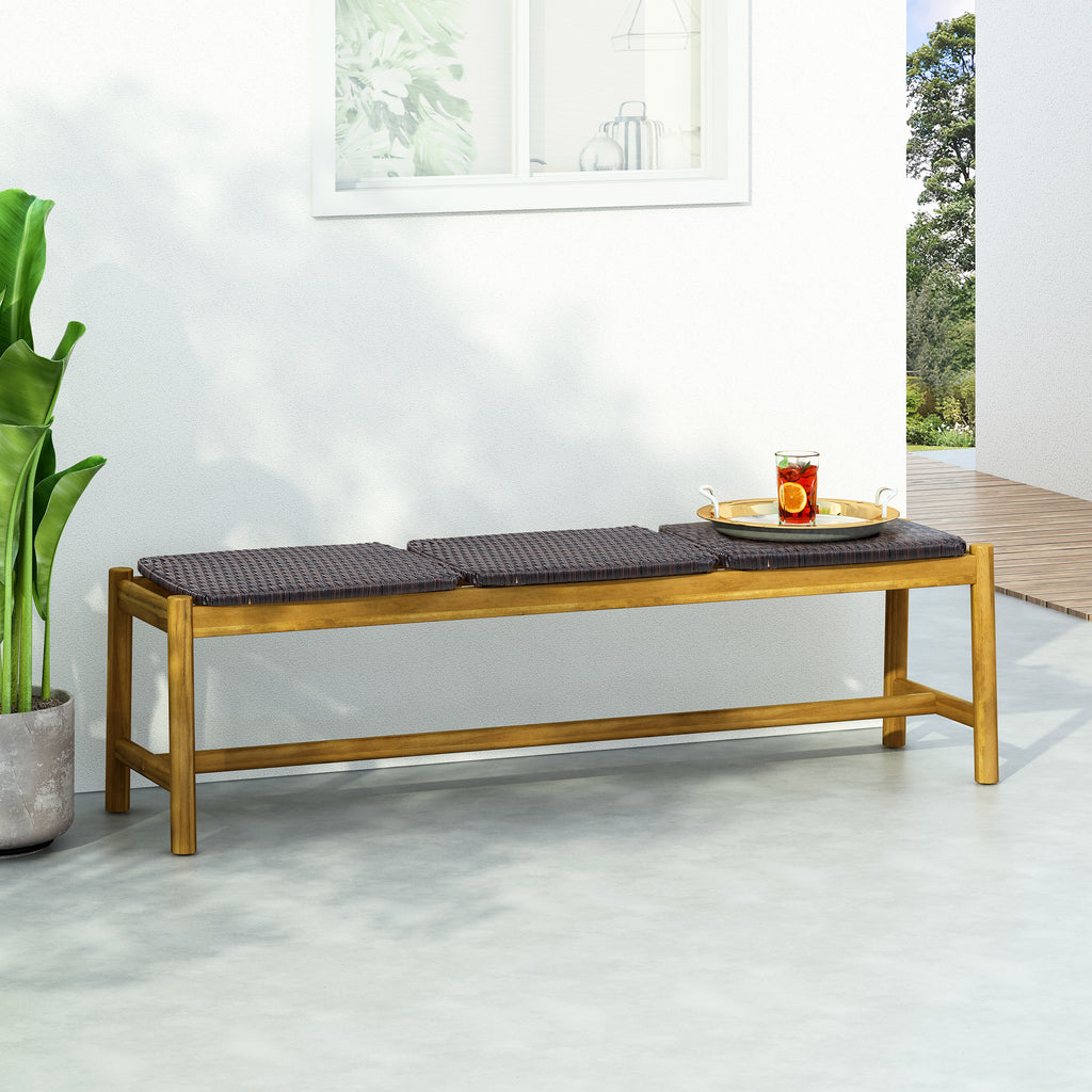 Front view of Cambria 3-seater outdoor bench in teak acacia wood on a patio