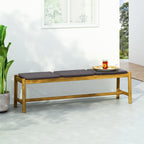Front view of Cambria 3-seater outdoor bench in teak acacia wood on a patio