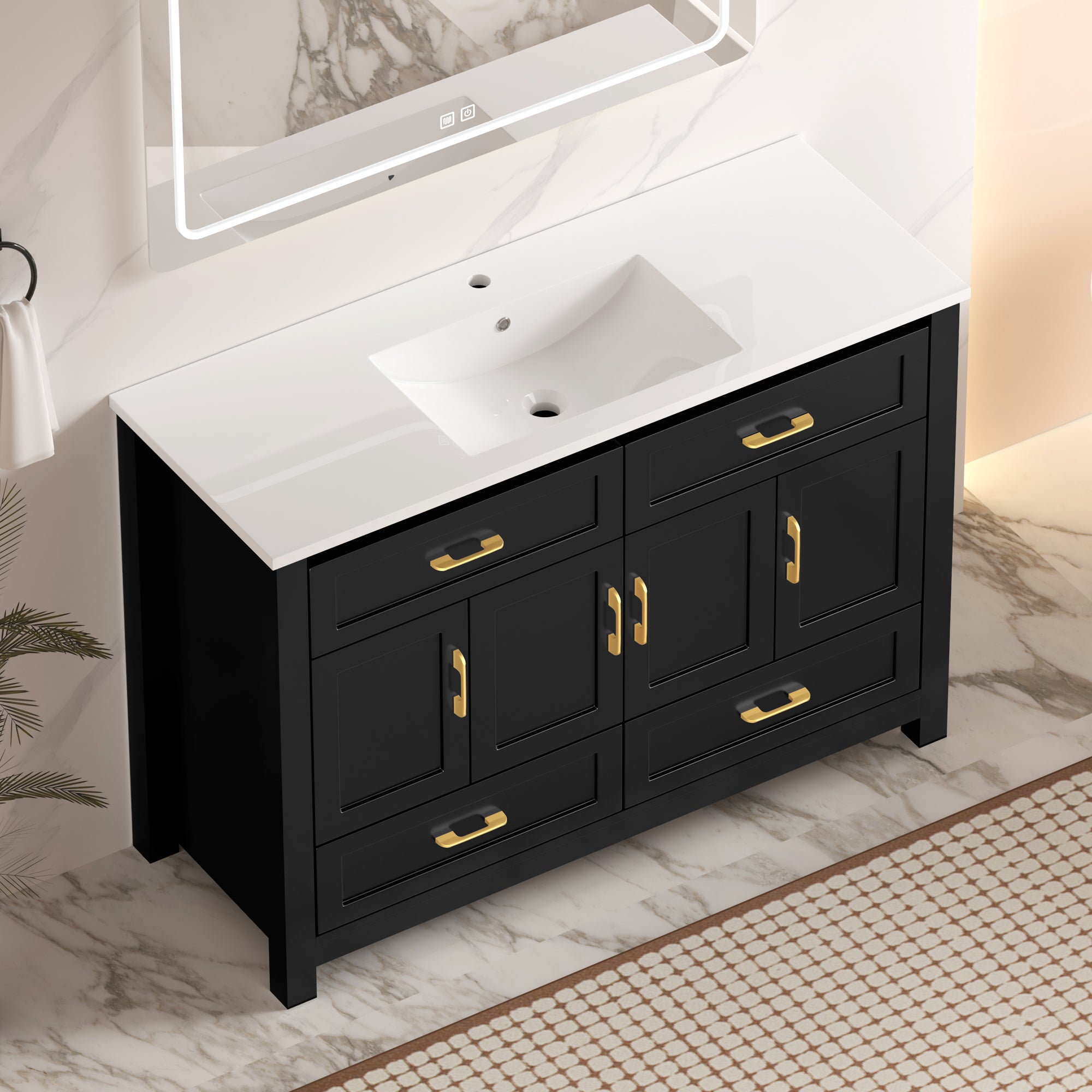 48" Black Bathroom Vanity with Integrated Resin Sink, 4 Soft-Close Doors & 4 Drawers