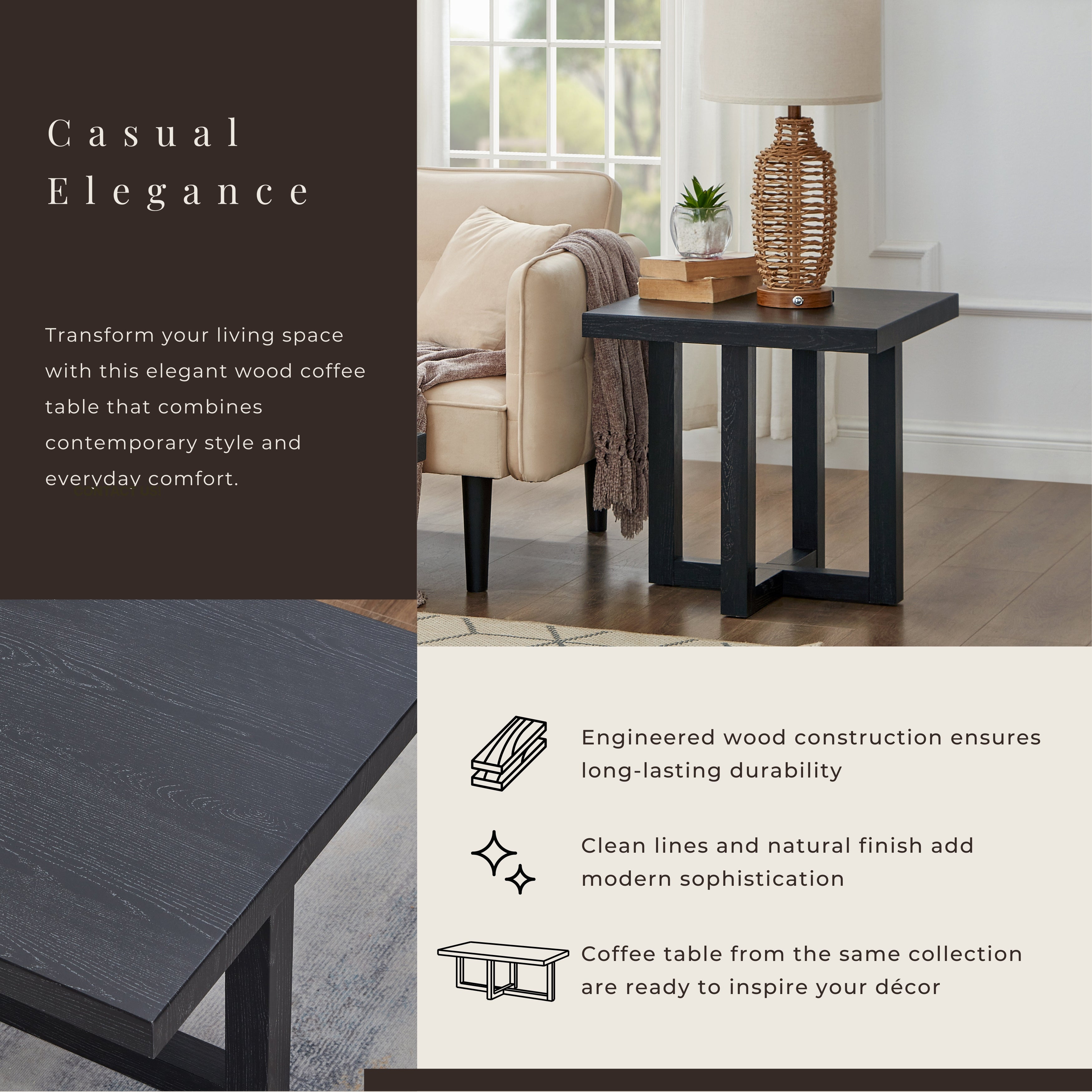Luno Contemporary End Table in Black – Modern Rectangular MDF Side Table - product detail image 6