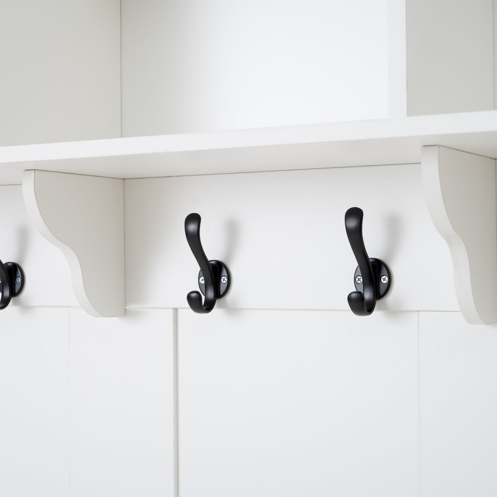 5-in-1 Hall Tree with Bench, Shoe Storage & Open Cabinets – White Modern Entryway Organizer