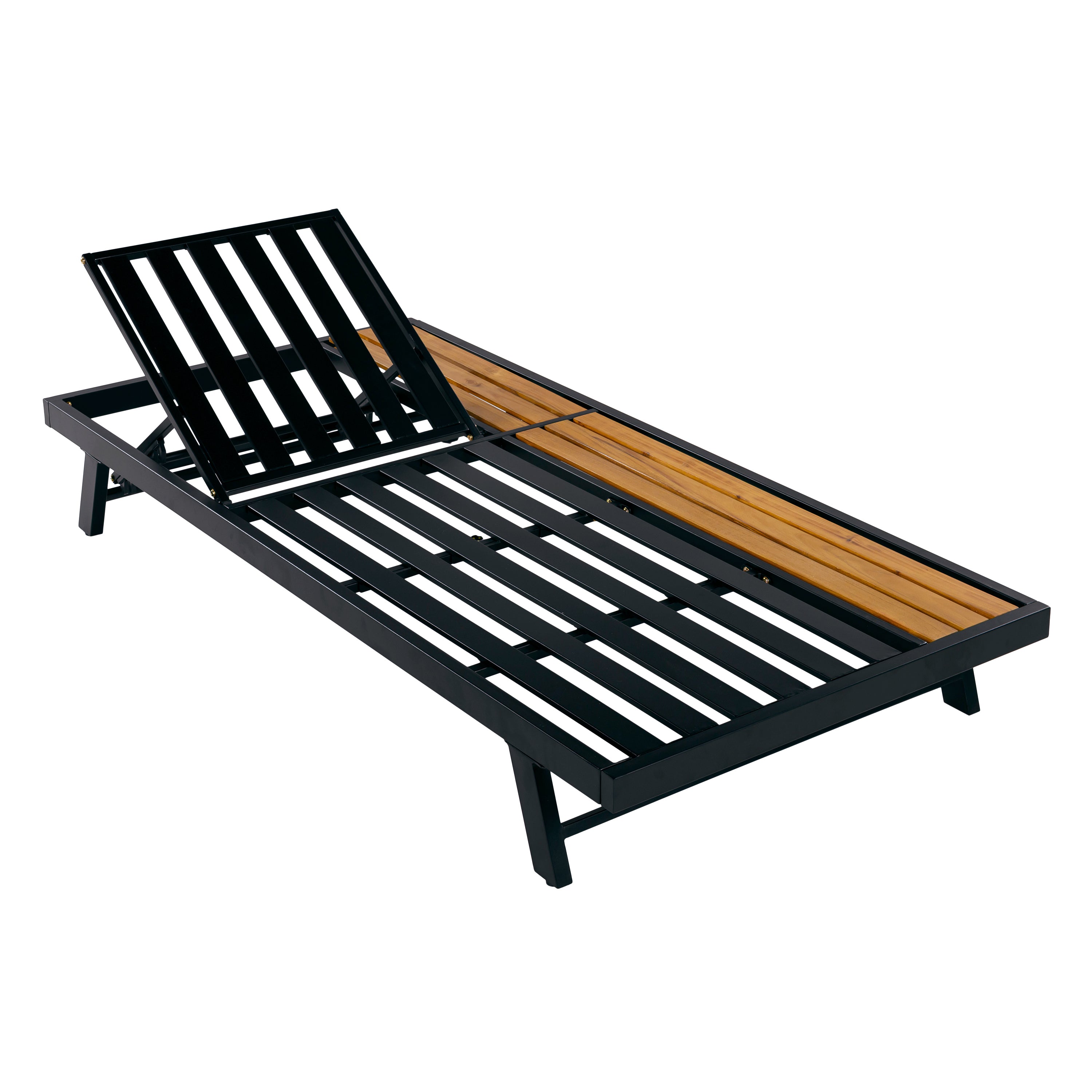 Black Iron and Teak-Finish Acacia Wood Outdoor Chaise Lounge Frame with Adjustable Backrest and Storage Surface