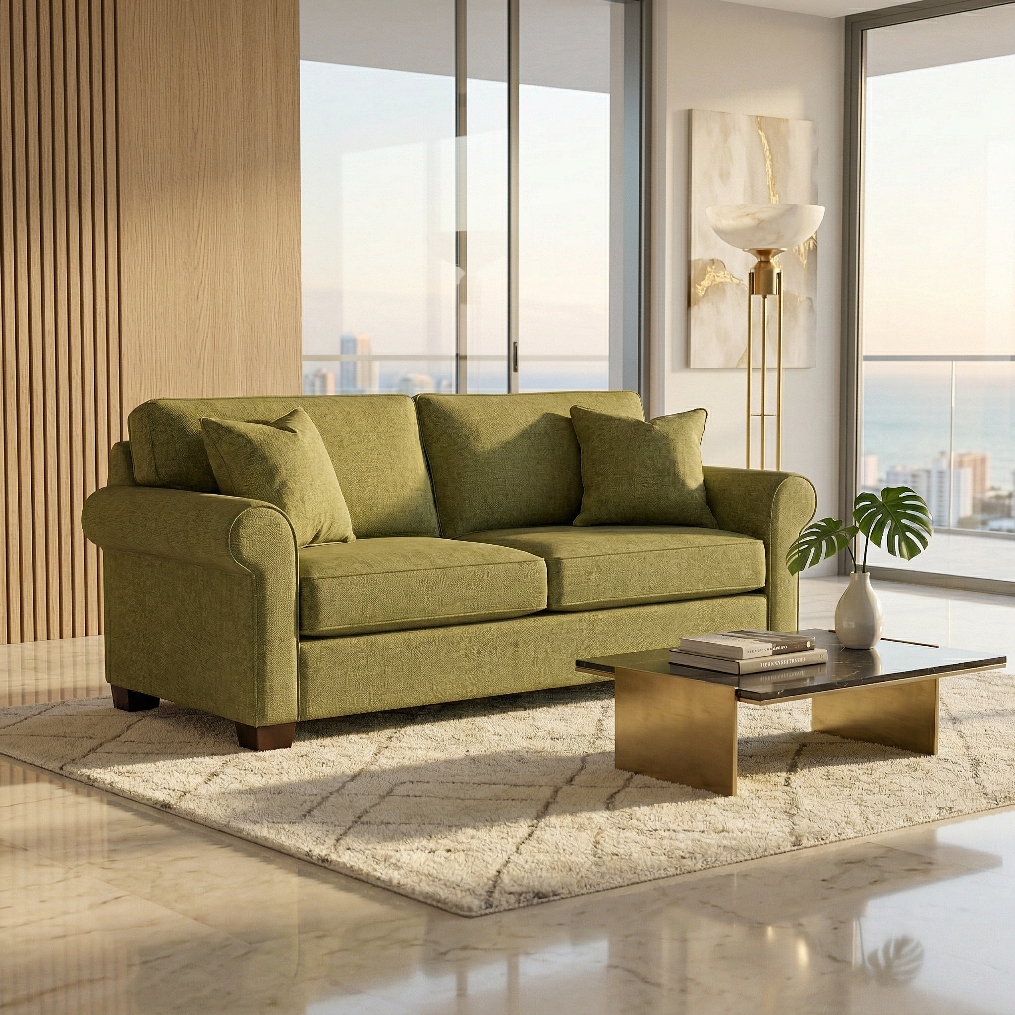 Front view of green Irlanda 2-seat sofa with rolled arms and clean lines Main image