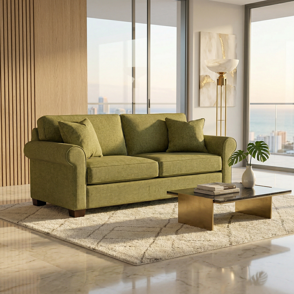 Front view of green Irlanda 2-seat sofa with rolled arms and clean lines
