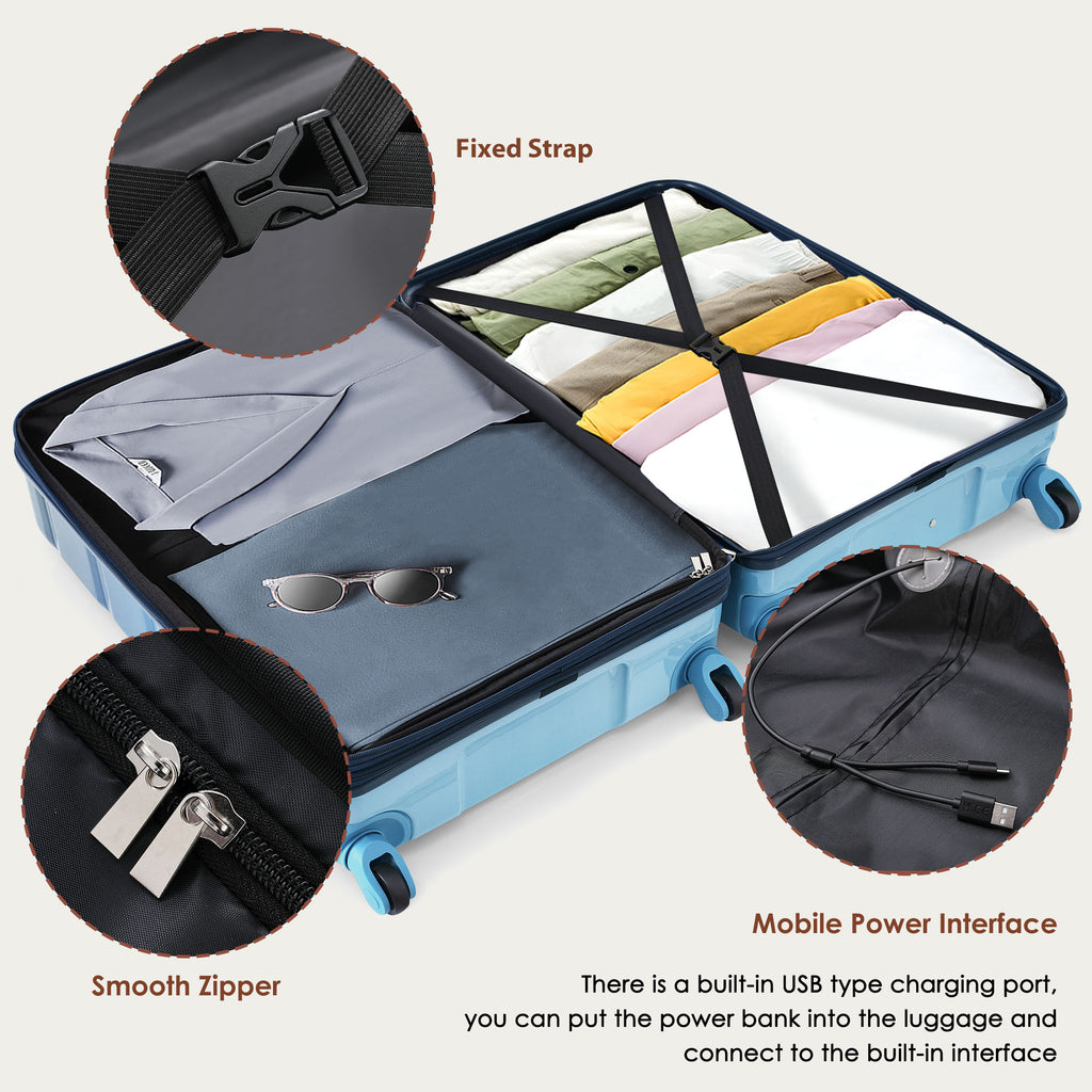 3-Piece ABS+PC Hard Shell Luggage Set with USB Charging Port – Gradient Blue