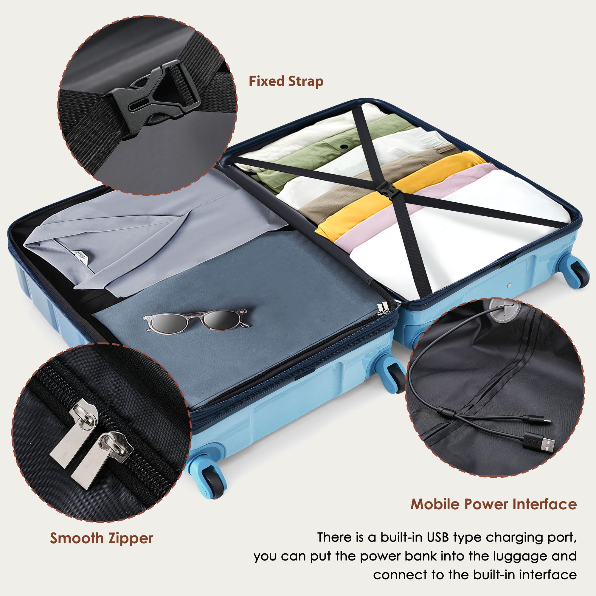 3-Piece ABS+PC Hard Shell Luggage Set with USB Charging Port – Gradient Blue