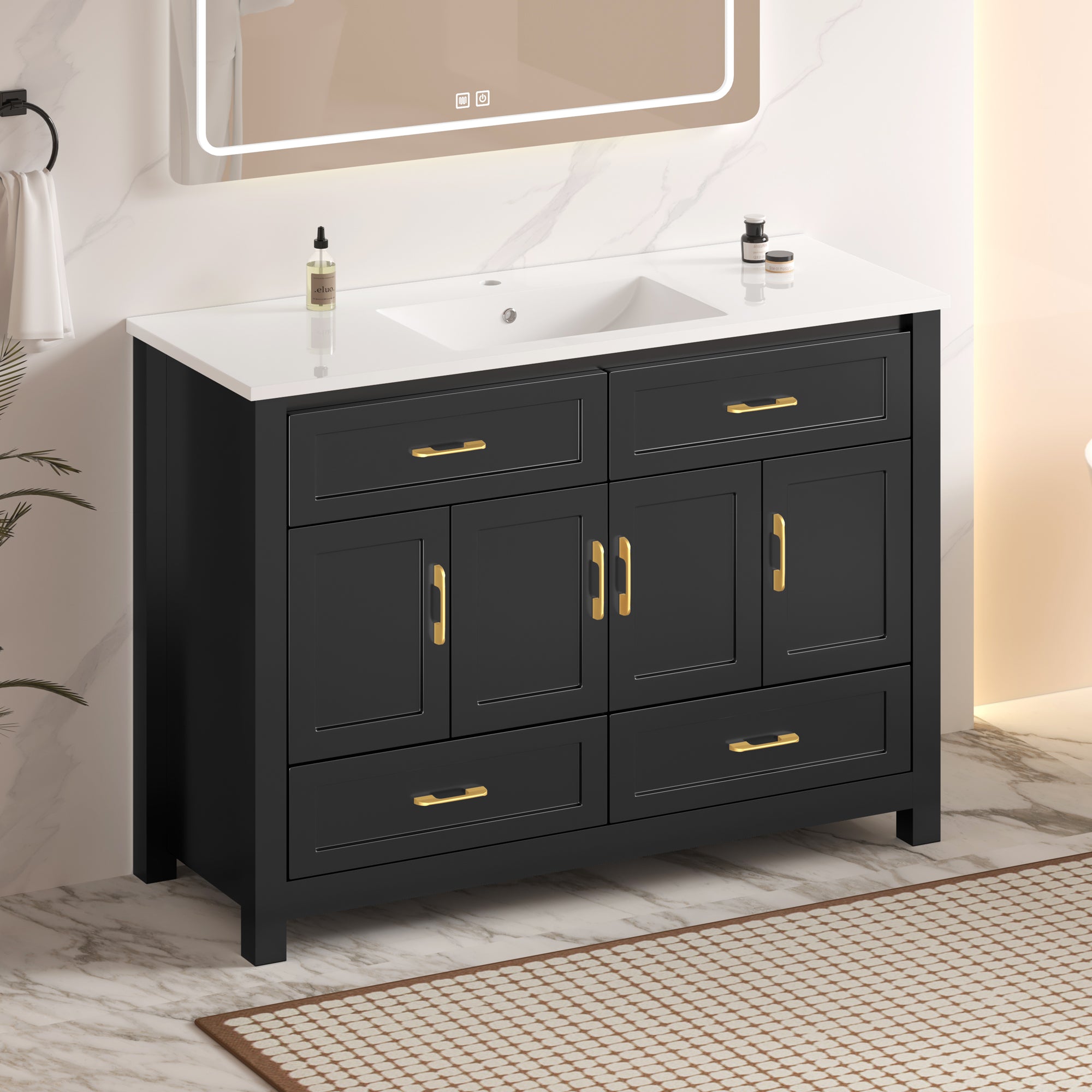 48" Black Bathroom Vanity with Integrated Resin Sink, 4 Soft-Close Doors & 4 Drawers Secondary image