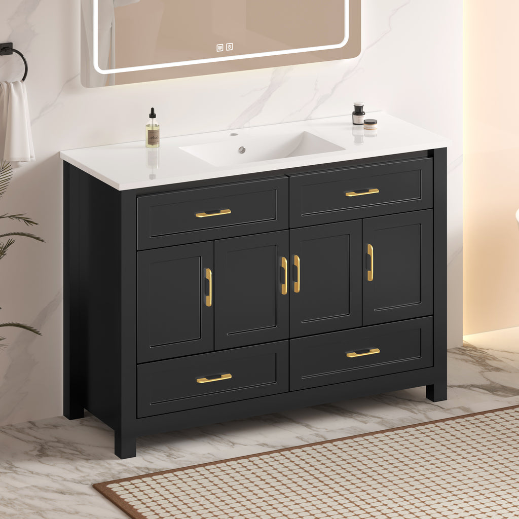 48" Black Bathroom Vanity with Integrated Resin Sink, 4 Soft-Close Doors & 4 Drawers