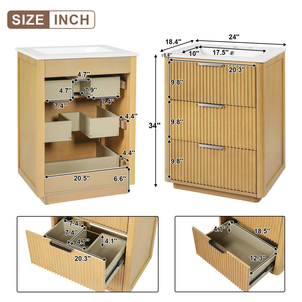 24-inch Modern Bathroom Vanity with Ceramic Sink and Wood Cabinet