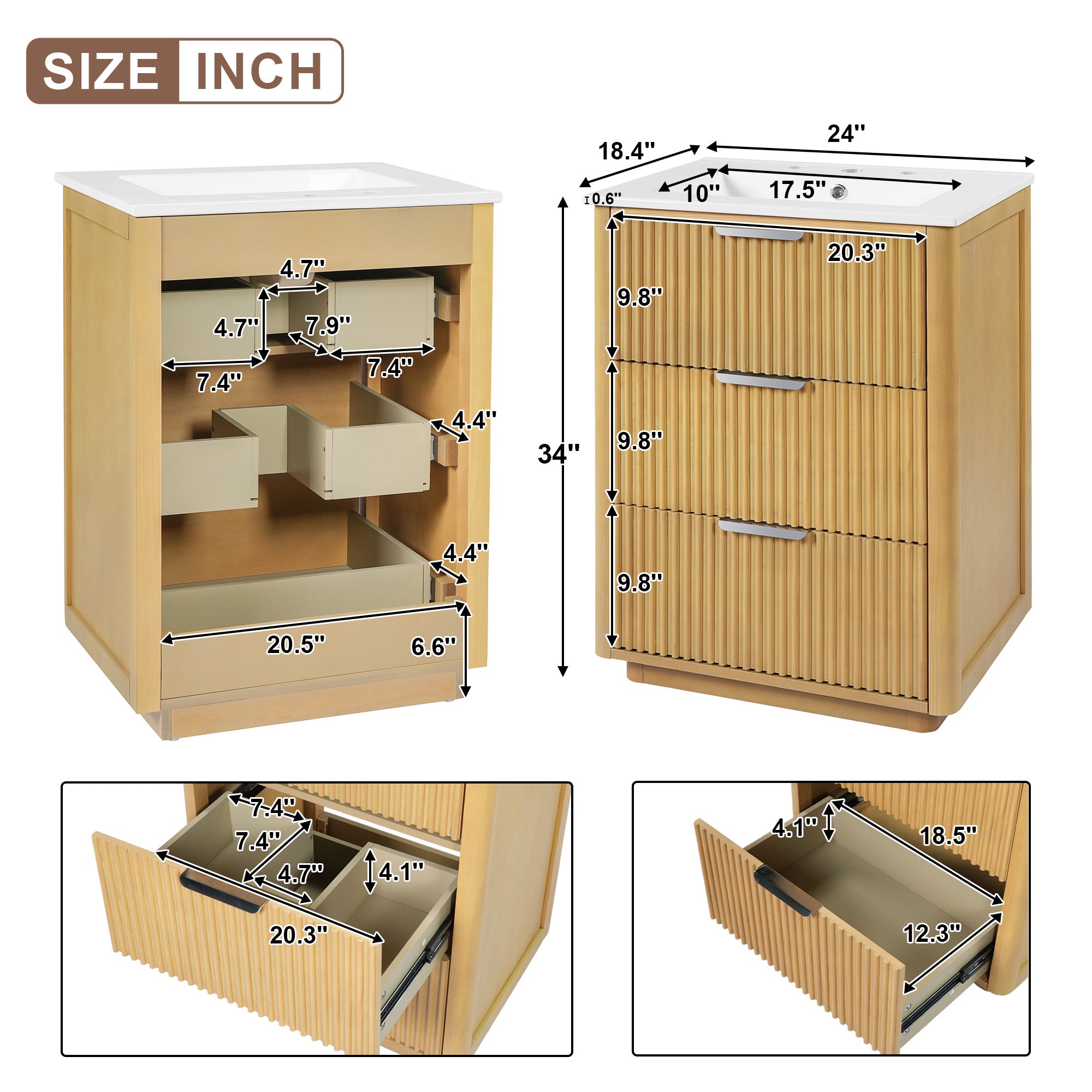 24-inch Modern Bathroom Vanity with Ceramic Sink and Wood Cabinet