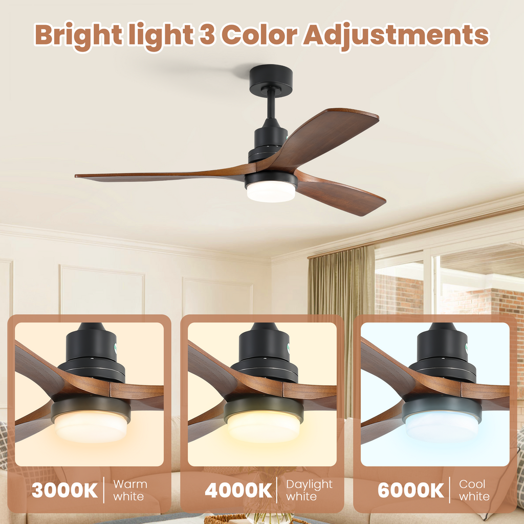 52 Inch Indoor/Outdoor Ceiling Fan with Dimmable LED Light, Solid Wood Blades & Remote Control