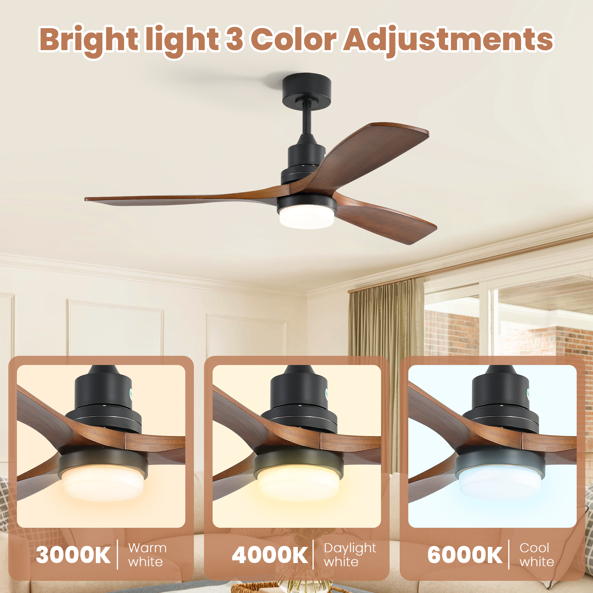 52 Inch Indoor/Outdoor Ceiling Fan with Dimmable LED Light, Solid Wood Blades & Remote Control