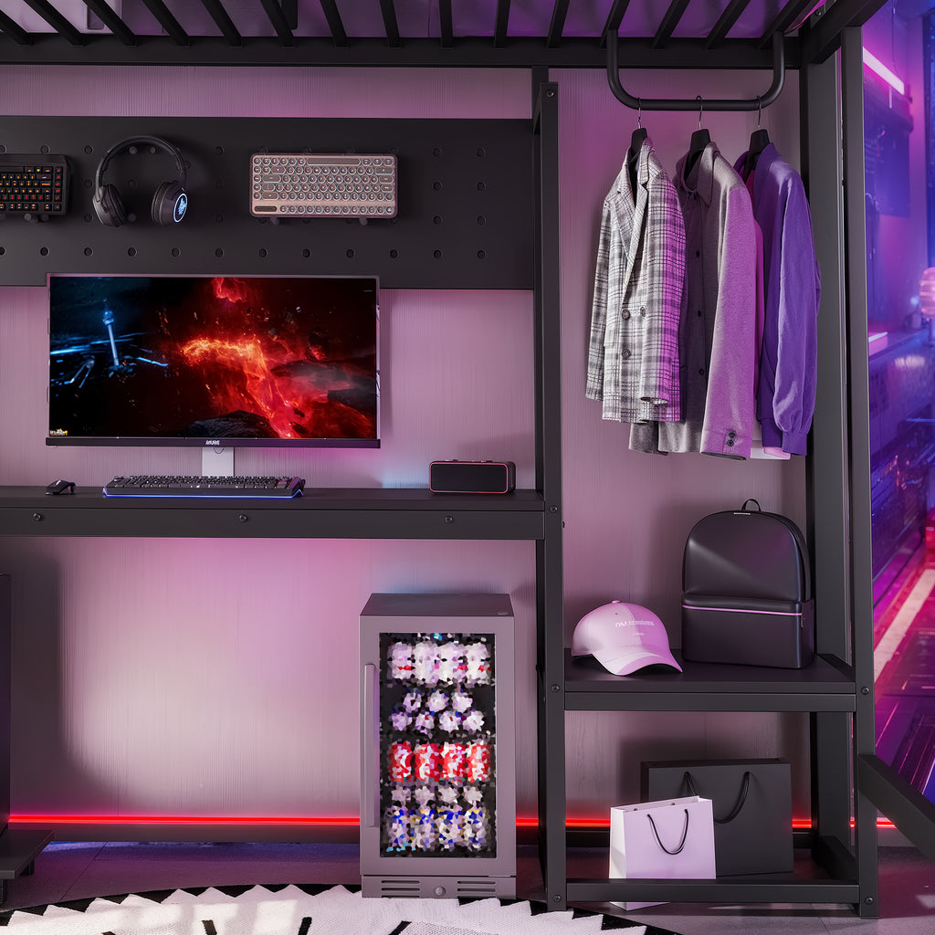 Full Metal Loft Bed with L-Shaped Desk, USB Ports, Peg Board & Z-Lights – Black