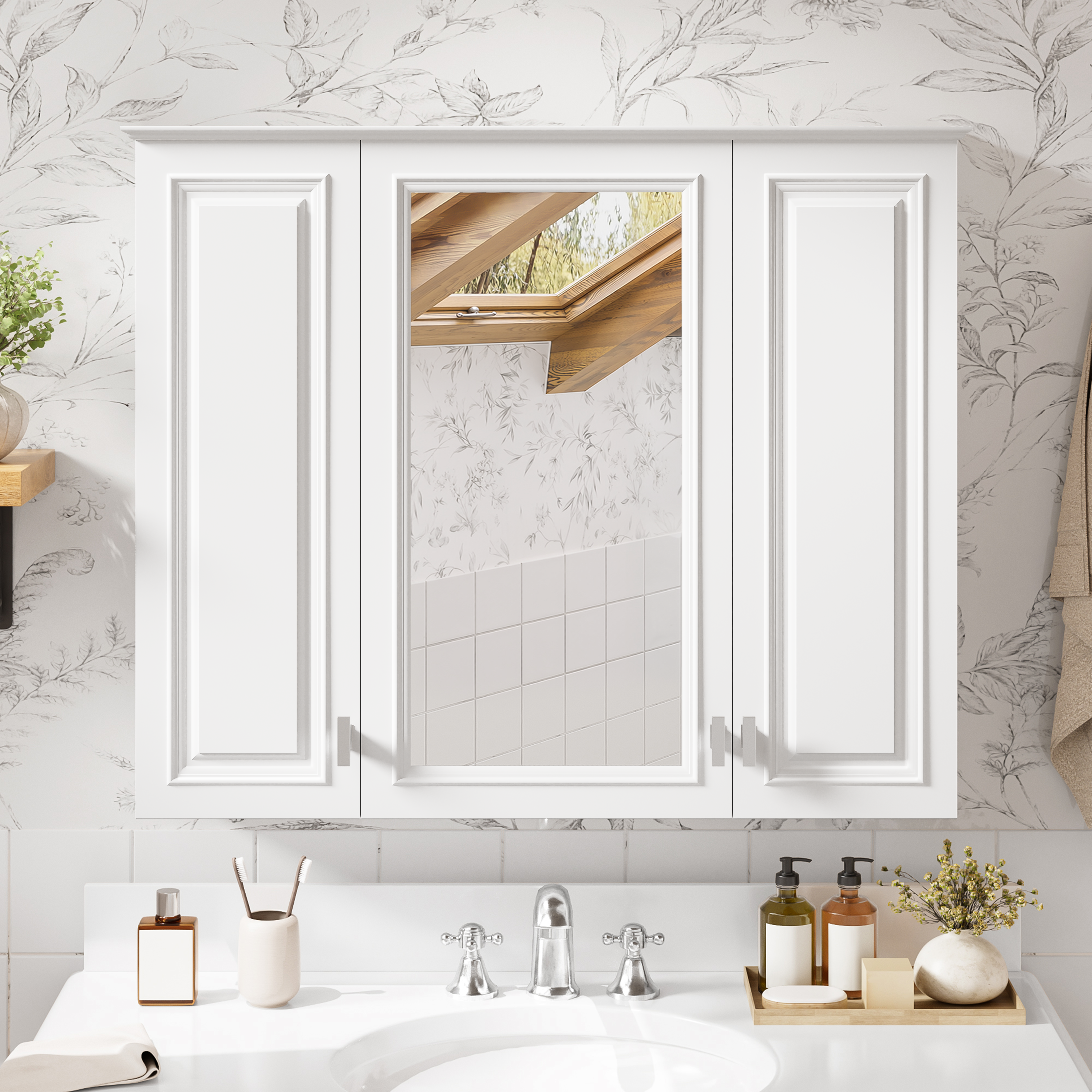 35-inch Wall-Mounted Bathroom Medicine Cabinet with Mirror and 5 Adjustable Shelves, White