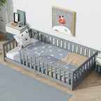 Twin Rubber Wood Floor Bed with Safety Guardrails, Grey