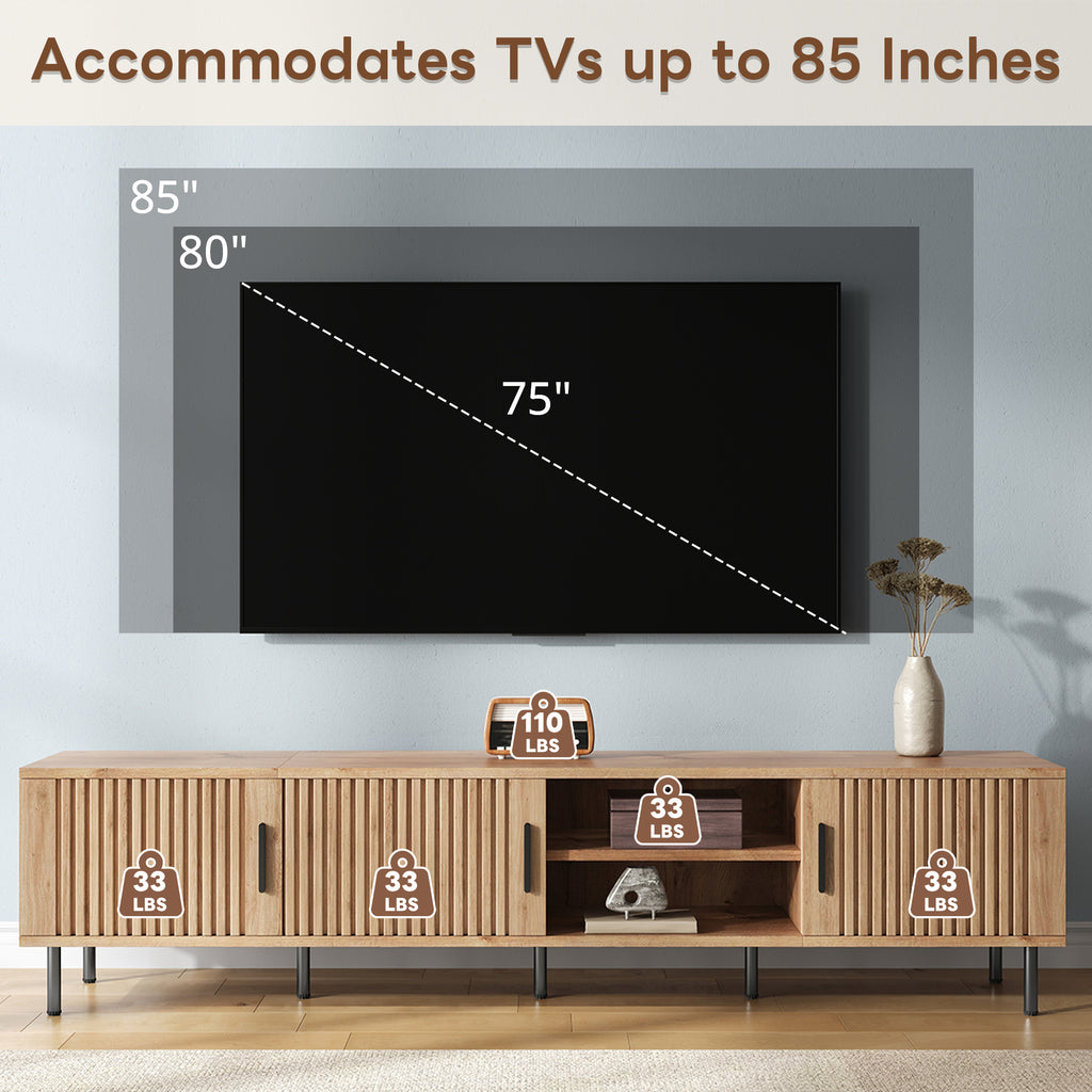 78-inch Modern TV Stand for TVs up to 85", Natural Wood Entertainment Center with Closed Storage & Cable Management