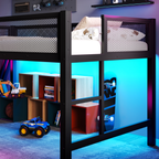 Full Size Gaming Loft Bed with Desk, LED Lights & USB Ports – Black Metal Frame