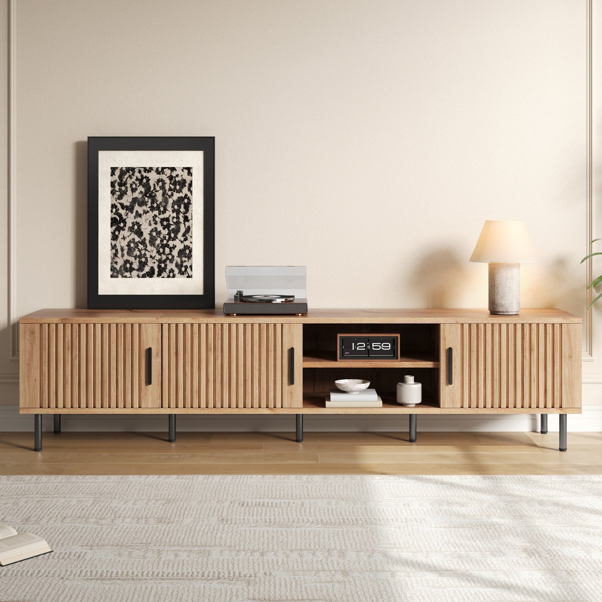 78-inch Modern TV Stand for TVs up to 85", Natural Wood Entertainment Center with Closed Storage & Cable Management