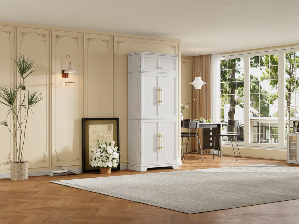 78.2" Tall Farmhouse Kitchen Pantry Cabinet – White, 6 Doors, 4 Adjustable Shelves, Hidden Drawer & Wine Rack