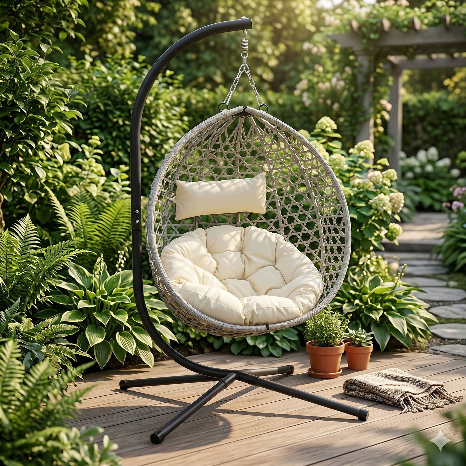 Folding HDPE Rattan Hanging Egg Chair with Stand – Indoor/Outdoor Patio Swing Basket Secondary image