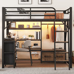 Full Size Metal Loft Bed with Desk, LED Light & Storage Shelves
