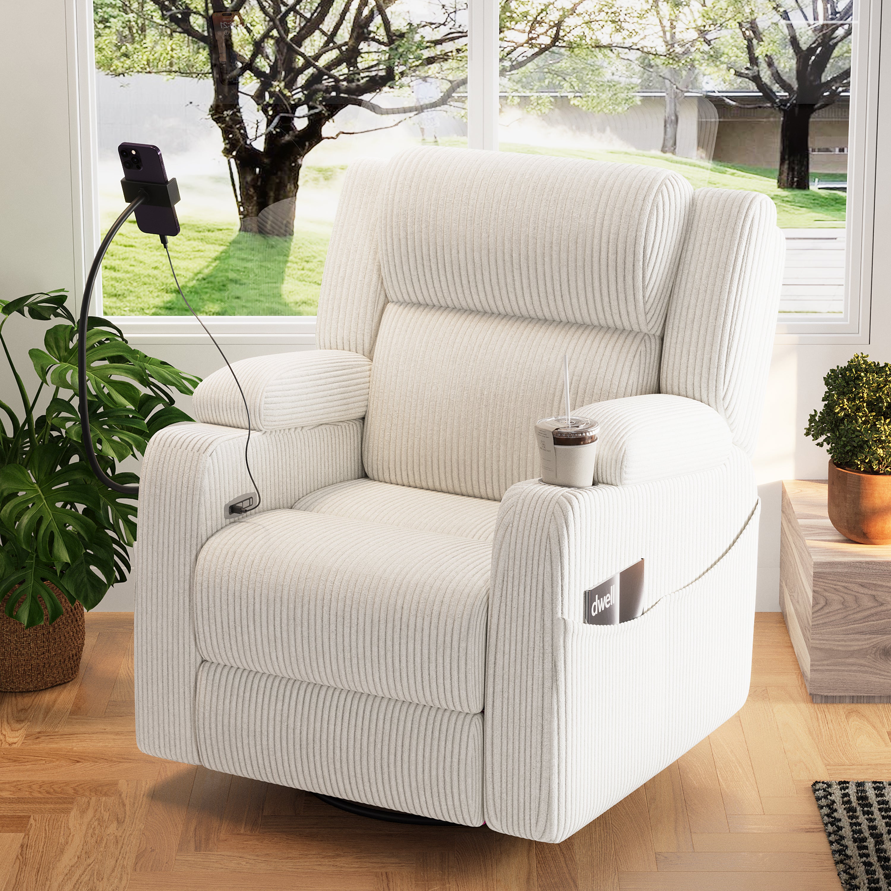 Electric Power Recliner Chair with Heat & Massage, 270° Swivel Rocker in Beige Corduroy