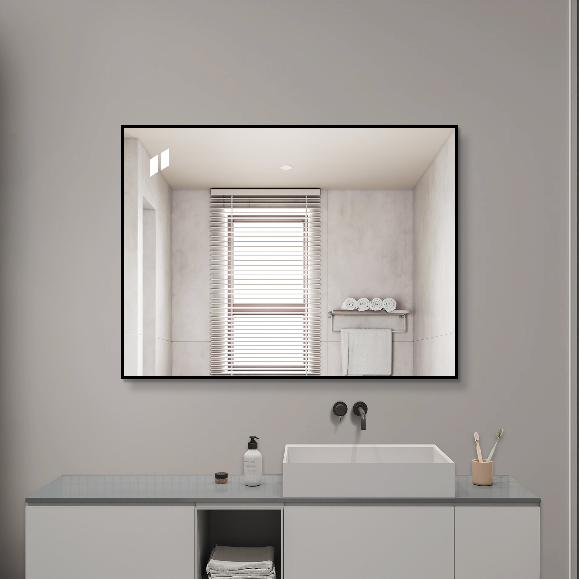 24 x 32 Inch Black Aluminum Bathroom Mirror – HD Copper-Free Silver Glass, Horizontal or Vertical Mount Main image
