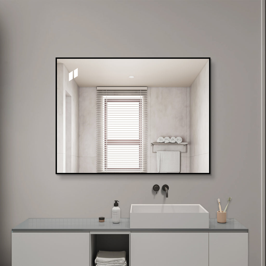 24 x 32 Inch Black Aluminum Bathroom Mirror – HD Copper-Free Silver Glass, Horizontal or Vertical Mount