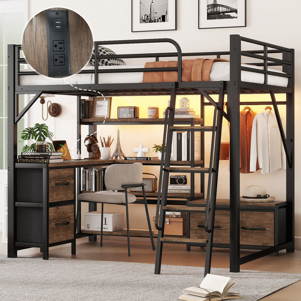 Full Size Metal Loft Bed with Desk, LED Light & Storage Shelves