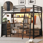 Full Size Metal Loft Bed with Desk, LED Light & Storage Shelves