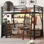 Full Size Metal Loft Bed with Desk, LED Light & Storage Shelves