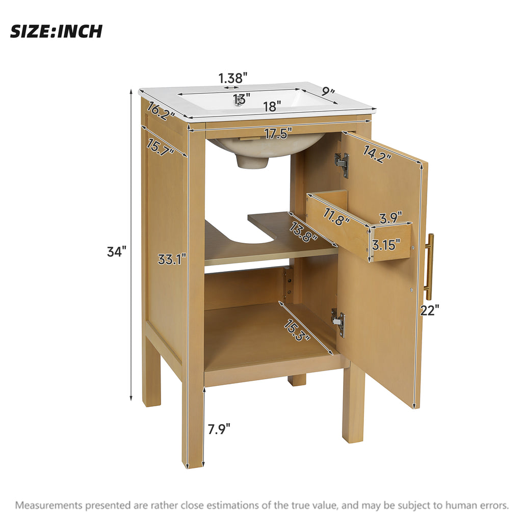 18" Modern Bathroom Vanity with Ceramic Sink, Adjustable Shelf & Soft-Closing Hinges