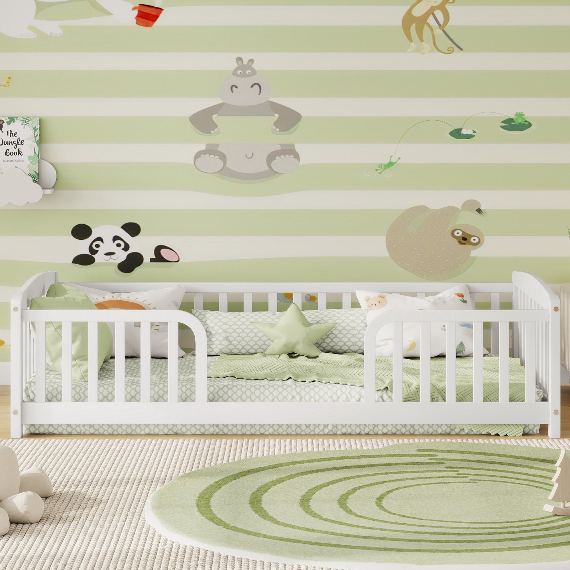 Twin Floor Bed with Guardrails and Central Entrance – Pine Wood, White Main image
