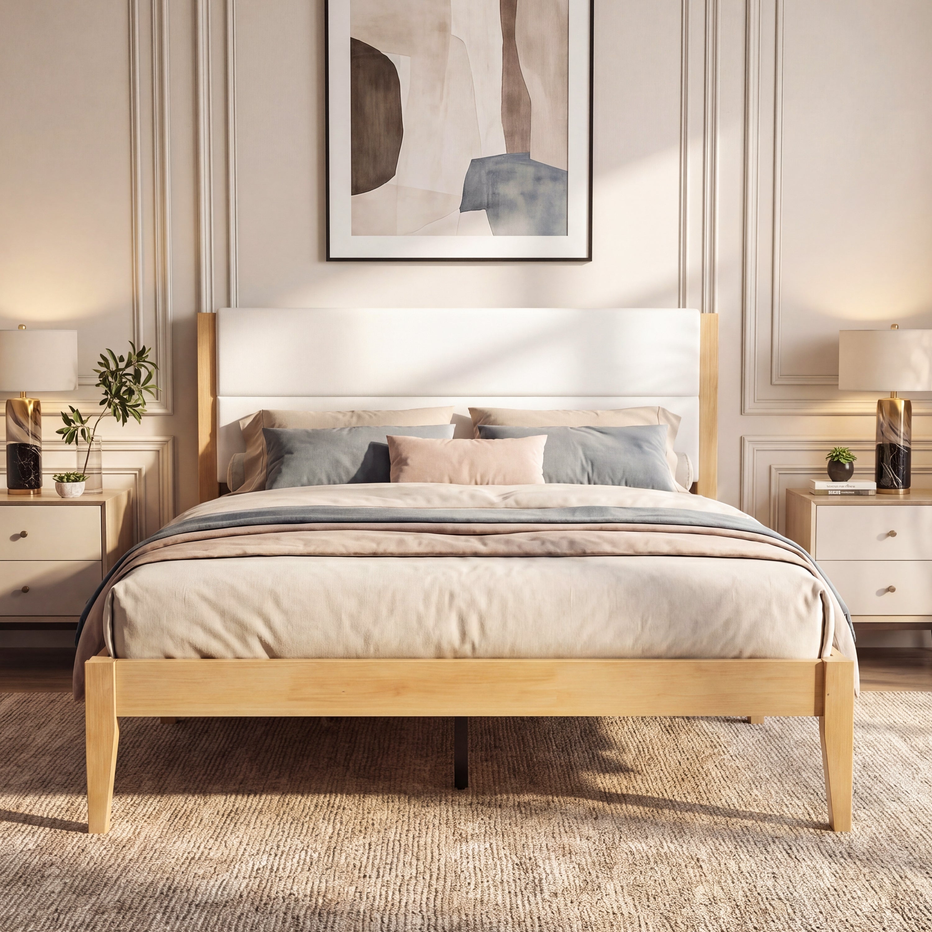 Mid-Century Modern King Platform Bed Frame with Upholstered Headboard, No Box Spring Needed Secondary image