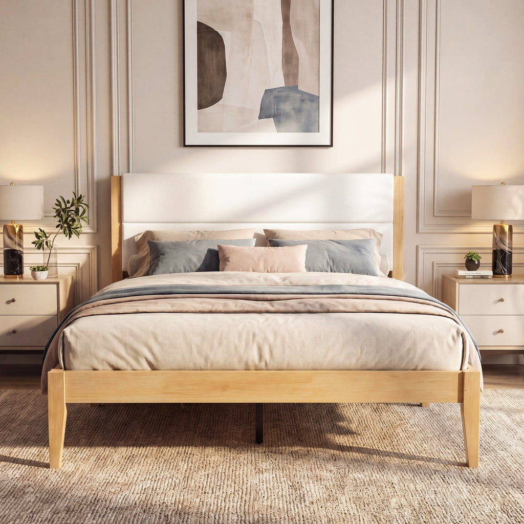 Mid-Century Modern King Platform Bed Frame with Upholstered Headboard, No Box Spring Needed