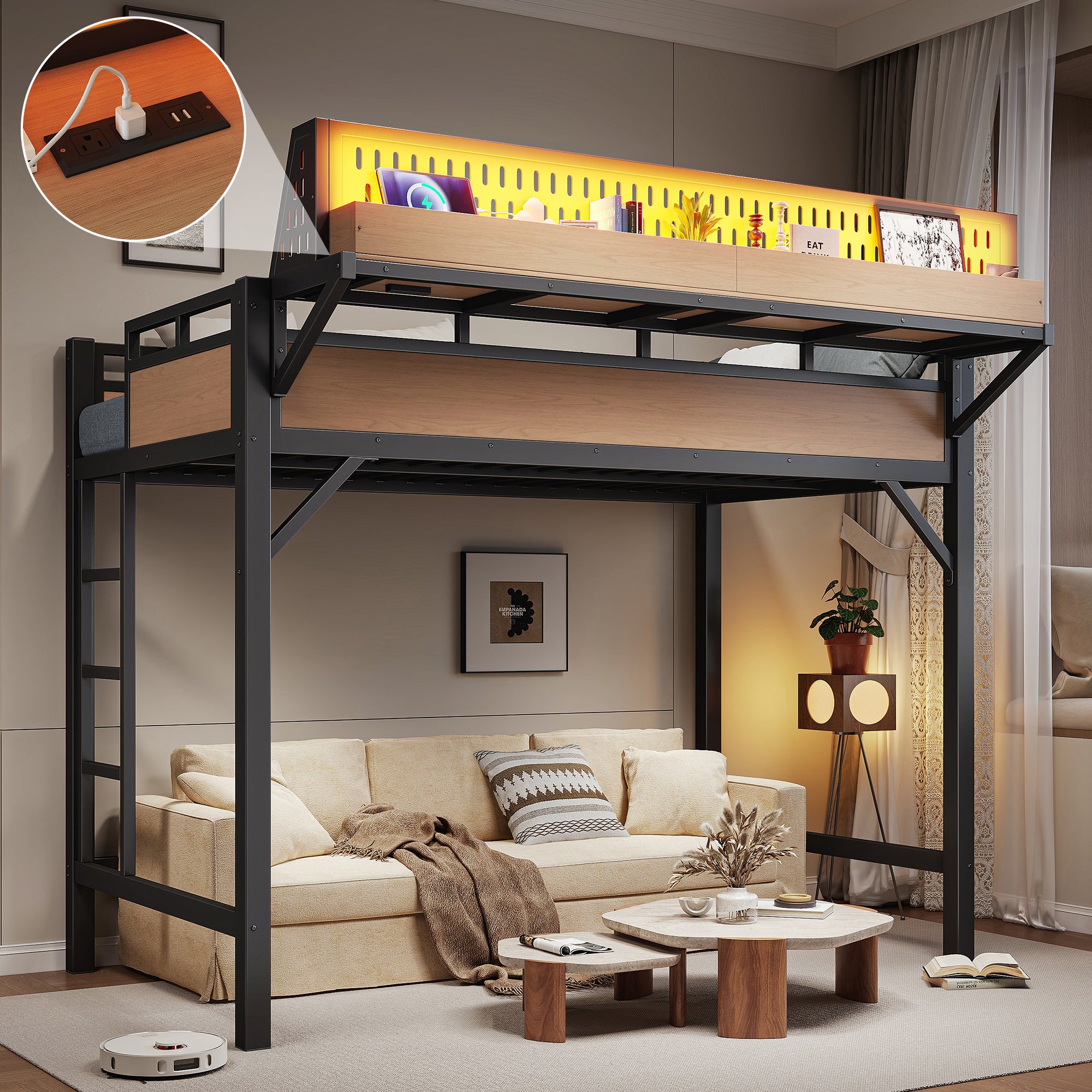 Twin XL Metal Loft Bed with Storage Shelves, Pegboard, USB Ports & LED Lights Secondary image