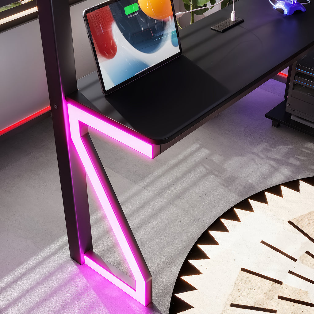 Full Metal Loft Bed with L-Shaped Desk, USB Ports, Peg Board & Z-Lights – Black