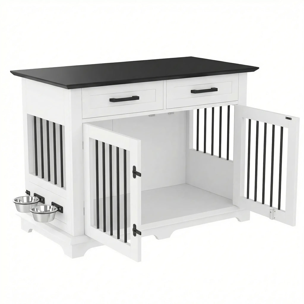 44.5" Wooden Dog Crate End Table with 2 Drawers & Rotating Bowls, White and Black