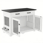 44.5" Wooden Dog Crate End Table with 2 Drawers & Rotating Bowls, White and Black