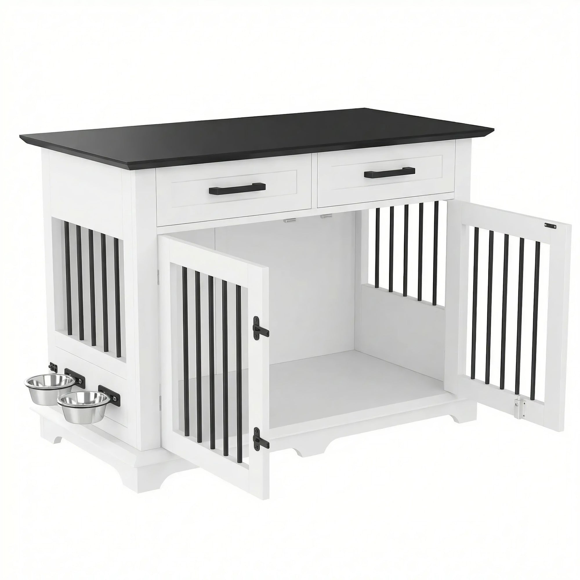44.5" Wooden Dog Crate End Table with 2 Drawers & Rotating Bowls, White and Black