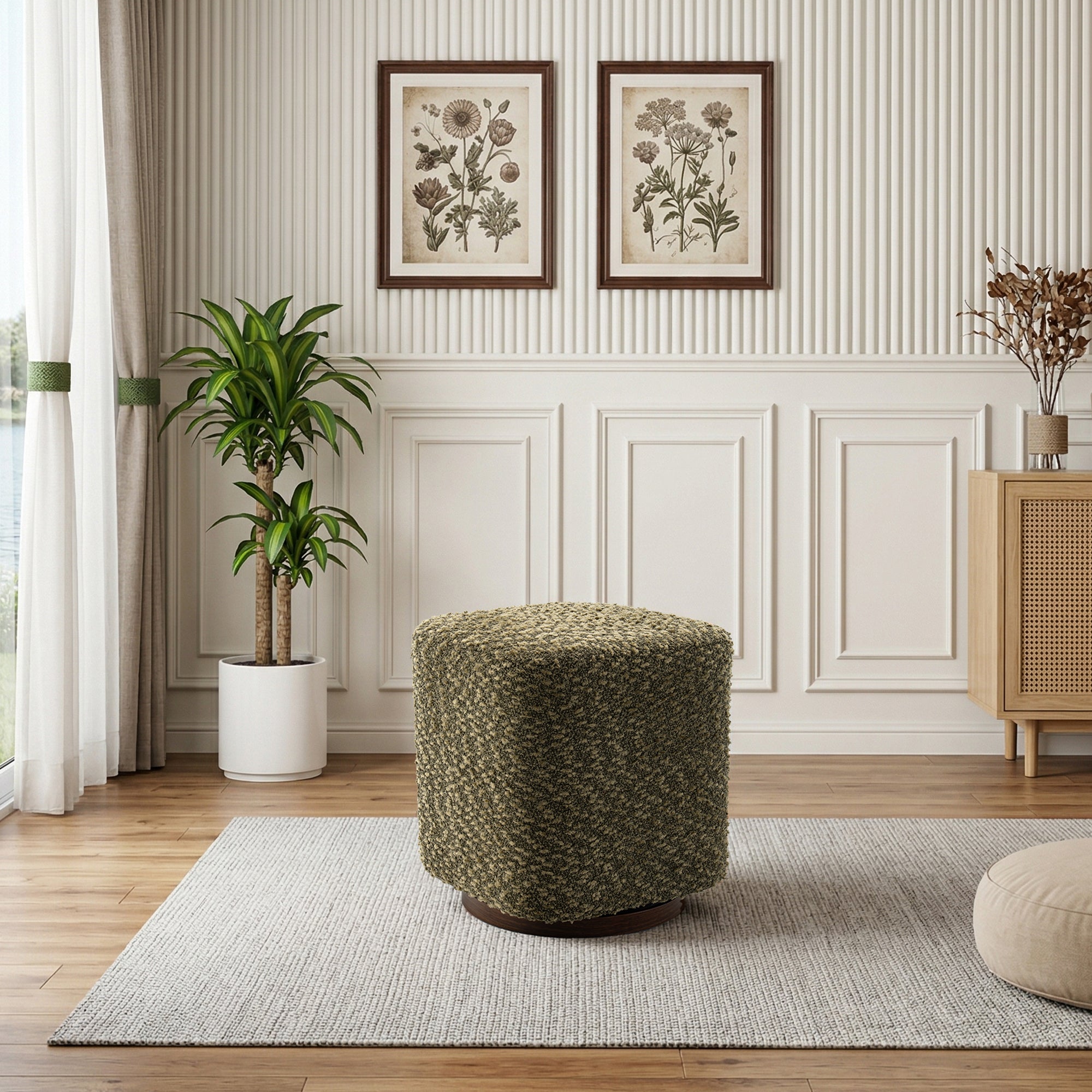 Front view of olive vanity stool with swivel base and tufted cushion