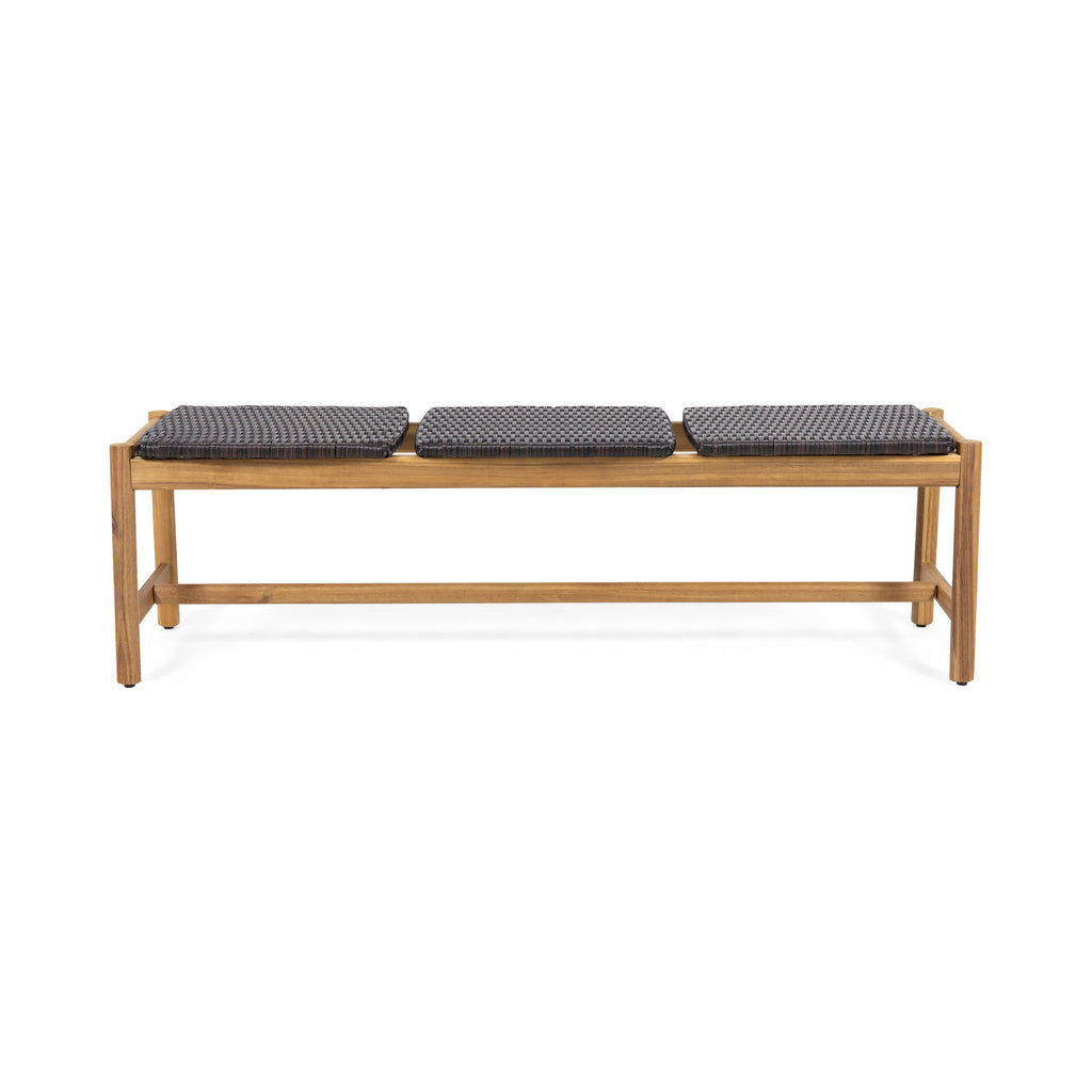 Side view showing low profile and slatted acacia wood design