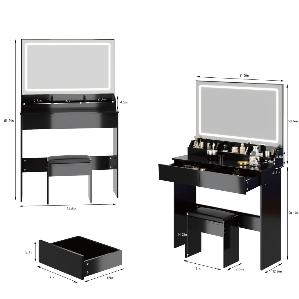 Extra Large LED Mirror Makeup Vanity Table with Stool – 31" x 20", Touch Switch, 3 Light Colors, Adjustable Brightness
