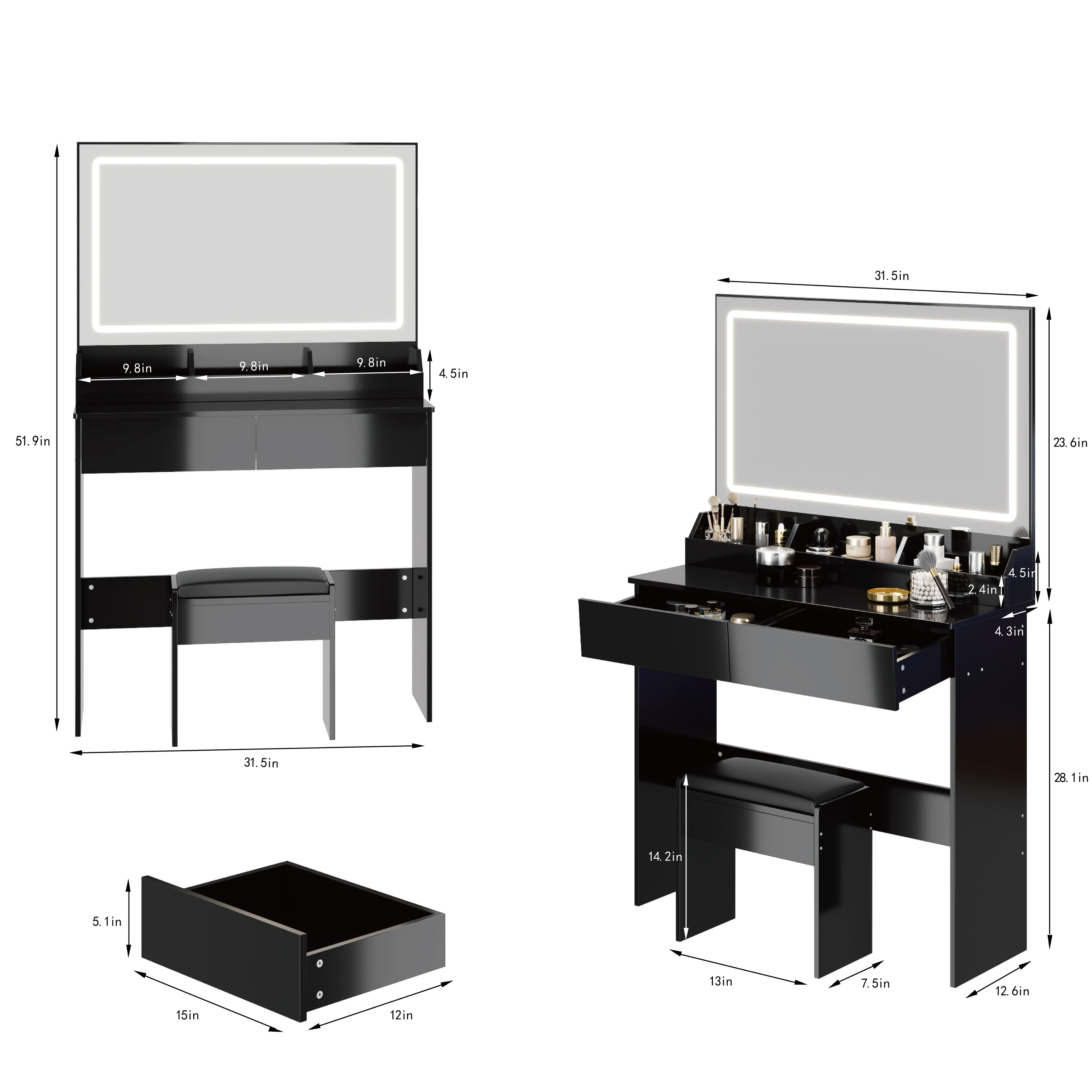 Extra Large LED Mirror Makeup Vanity Table with Stool – 31" x 20", Touch Switch, 3 Light Colors, Adjustable Brightness