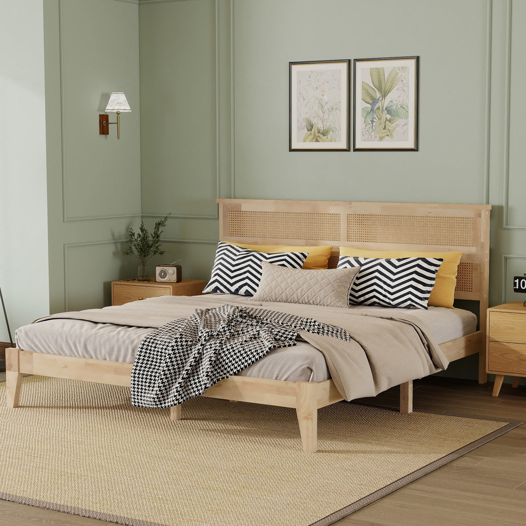 King Size Solid Wood Bed with Rattan Headboard – Natural Rubberwood Frame