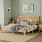 King Size Solid Wood Bed with Rattan Headboard – Natural Rubberwood Frame