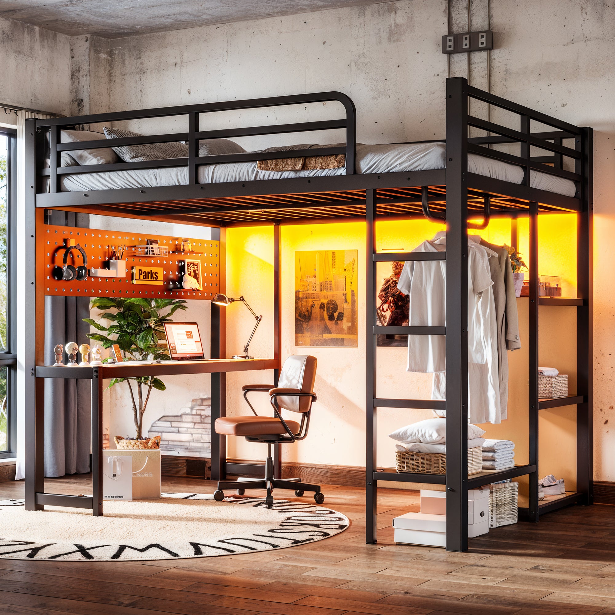 Full Size Metal Loft Bed with Desk, Shelves, USB Ports & Lights – Black Secondary image