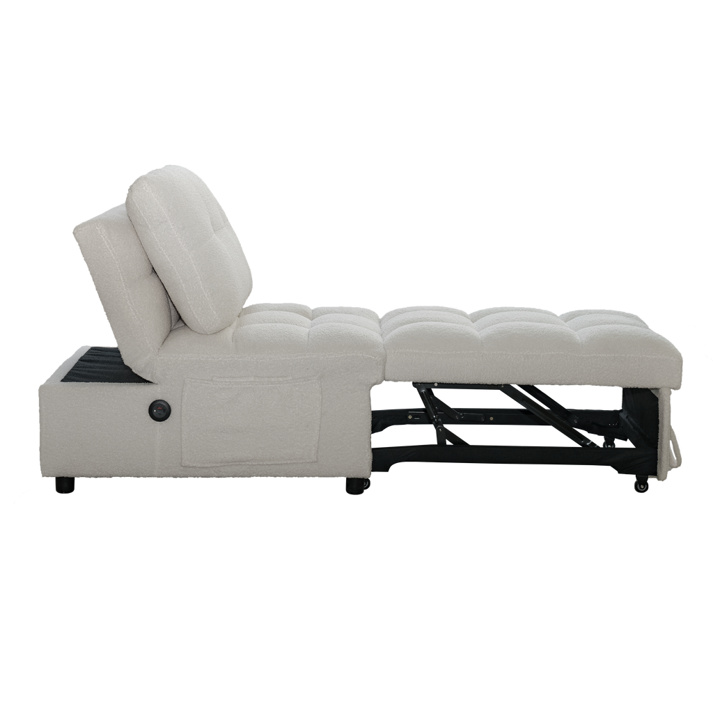 Single Sofa Bed with Adjustable Backrest, Teddy Fabric, USB Port & Side Pockets