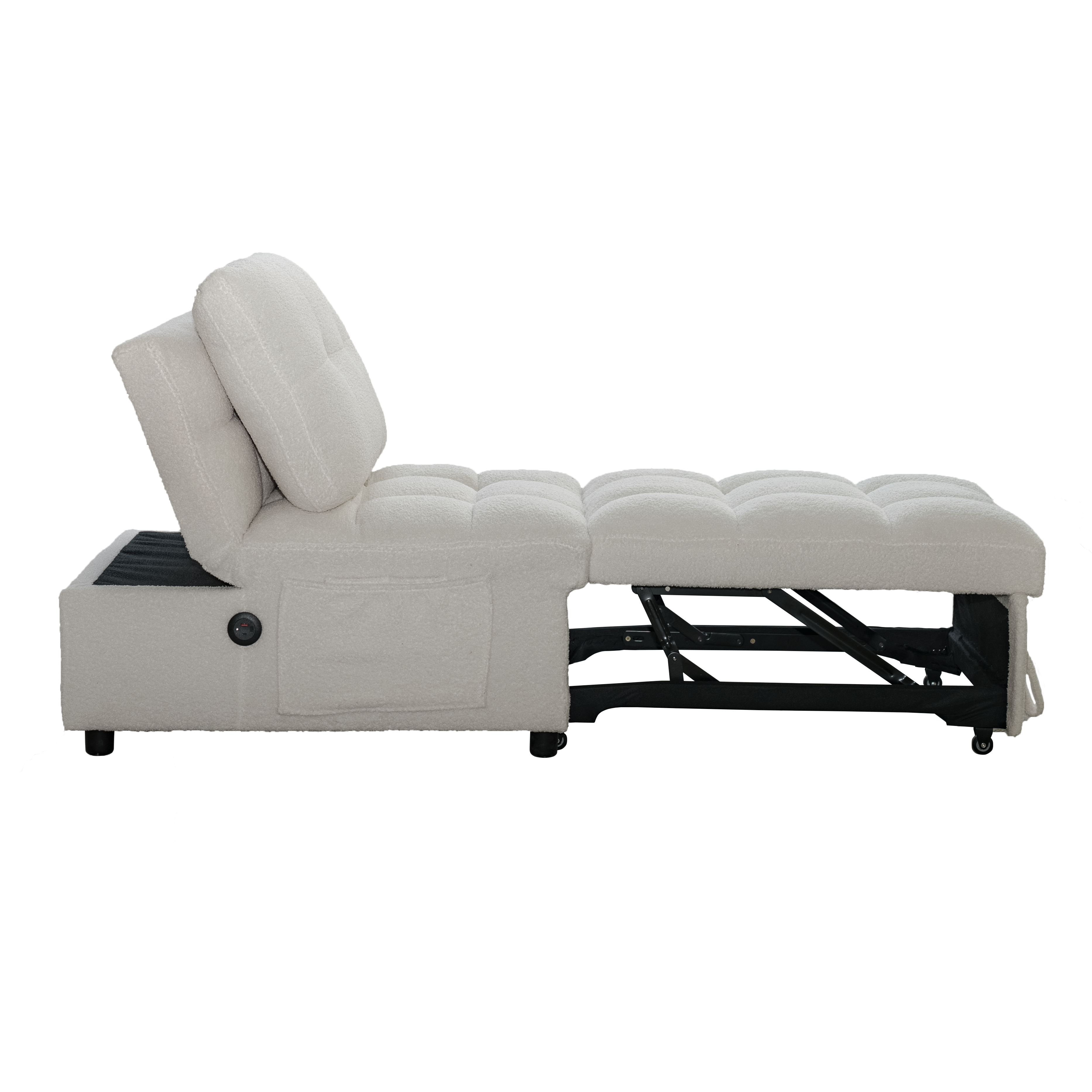 Single Sofa Bed with Adjustable Backrest, Teddy Fabric, USB Port & Side Pockets